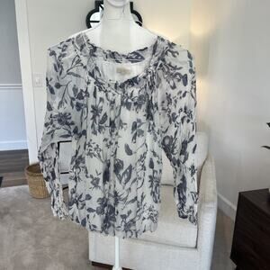 Gusy Italy Silk Women Top Size M Blue White Long Sleeve Lined Coastal Beach Boho